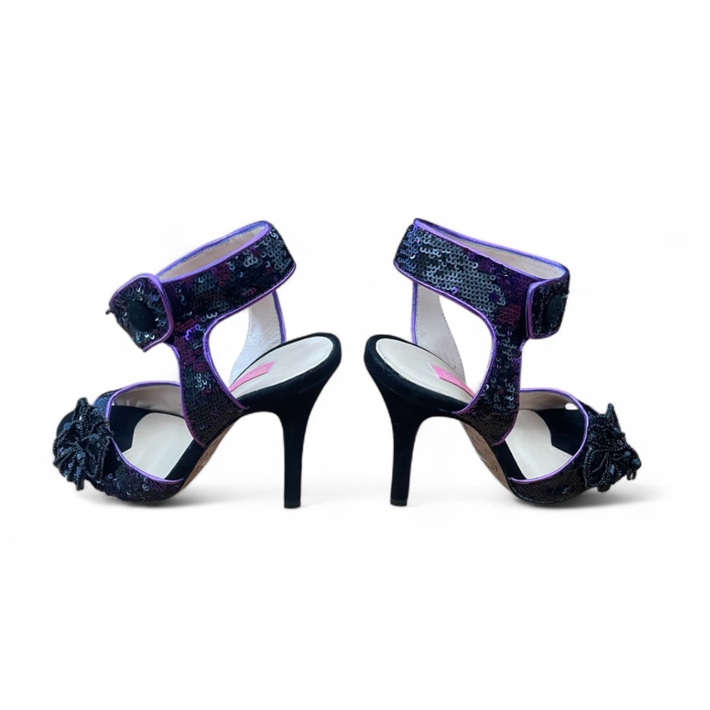 Betsey Johnson Purple & Black Sequin Beaded Flower Heels Sz 7M - Picture 4 of 10